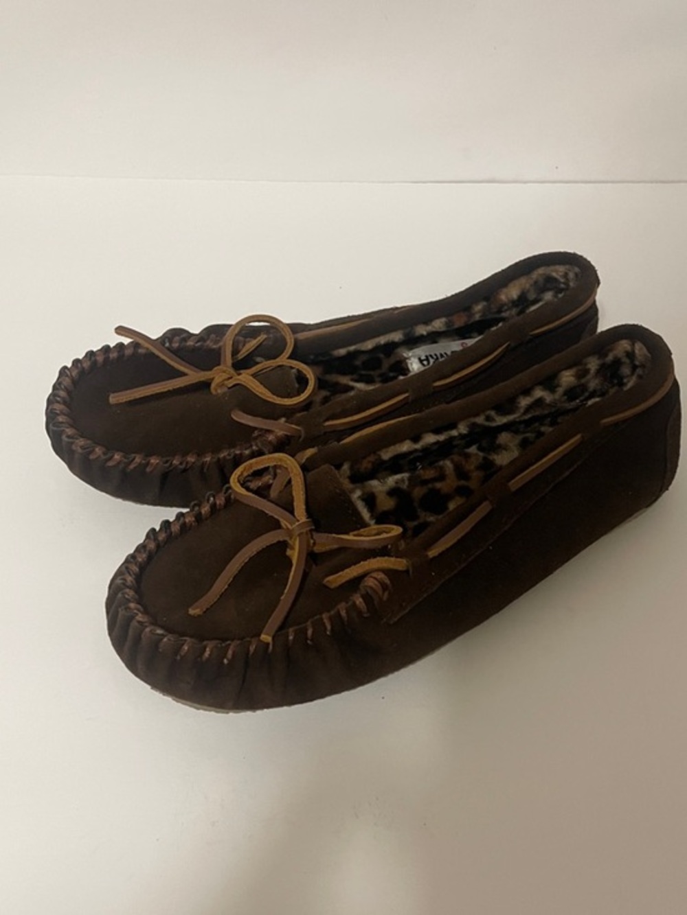 Minnetonka Brown Suede Moccasins with Leopard Lining